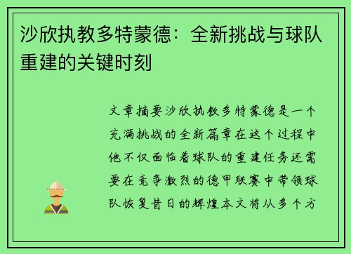 沙欣执教多特蒙德：全新挑战与球队重建的关键时刻