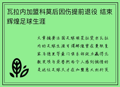 瓦拉内加盟科莫后因伤提前退役 结束辉煌足球生涯